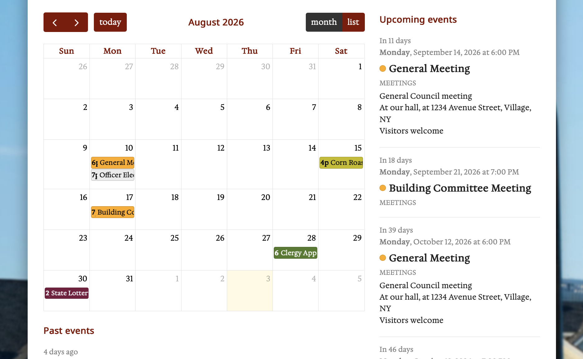 Screenshot: Events calendar