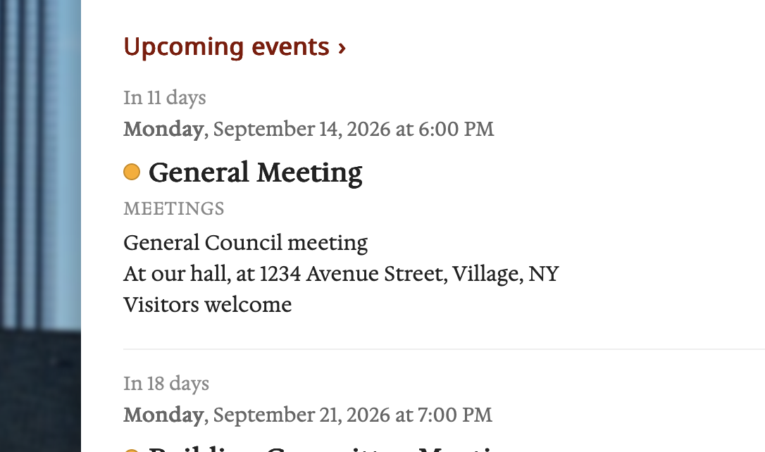 Screenshot: Upcoming events, front and centre